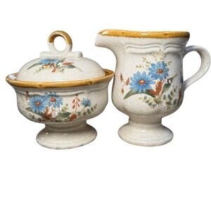 Vtg Mikasa EB804 Japan Creamer & Sugar Bowl Set Blue Daisy Stoneware Cottagcore